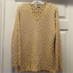 Vintage London Fog Cream Beige Cable Knit Sweater Scalloped Hem Size XL